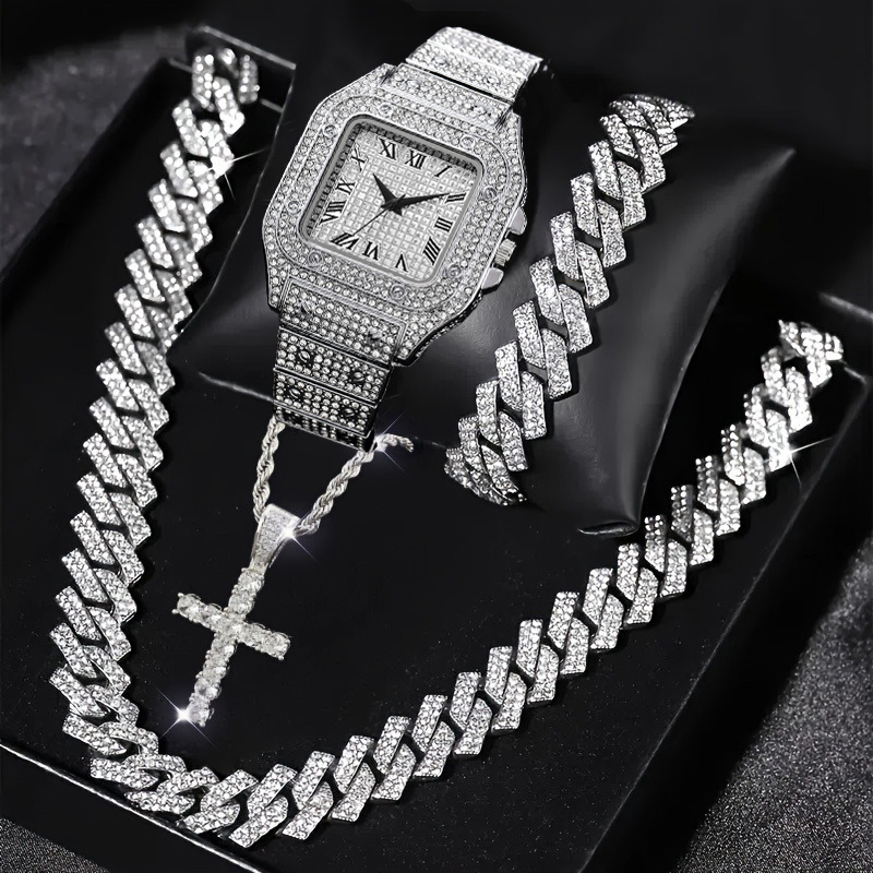 4PCS Fashion Iced Out Square M - Jewelry Watches For Men 评论和价格